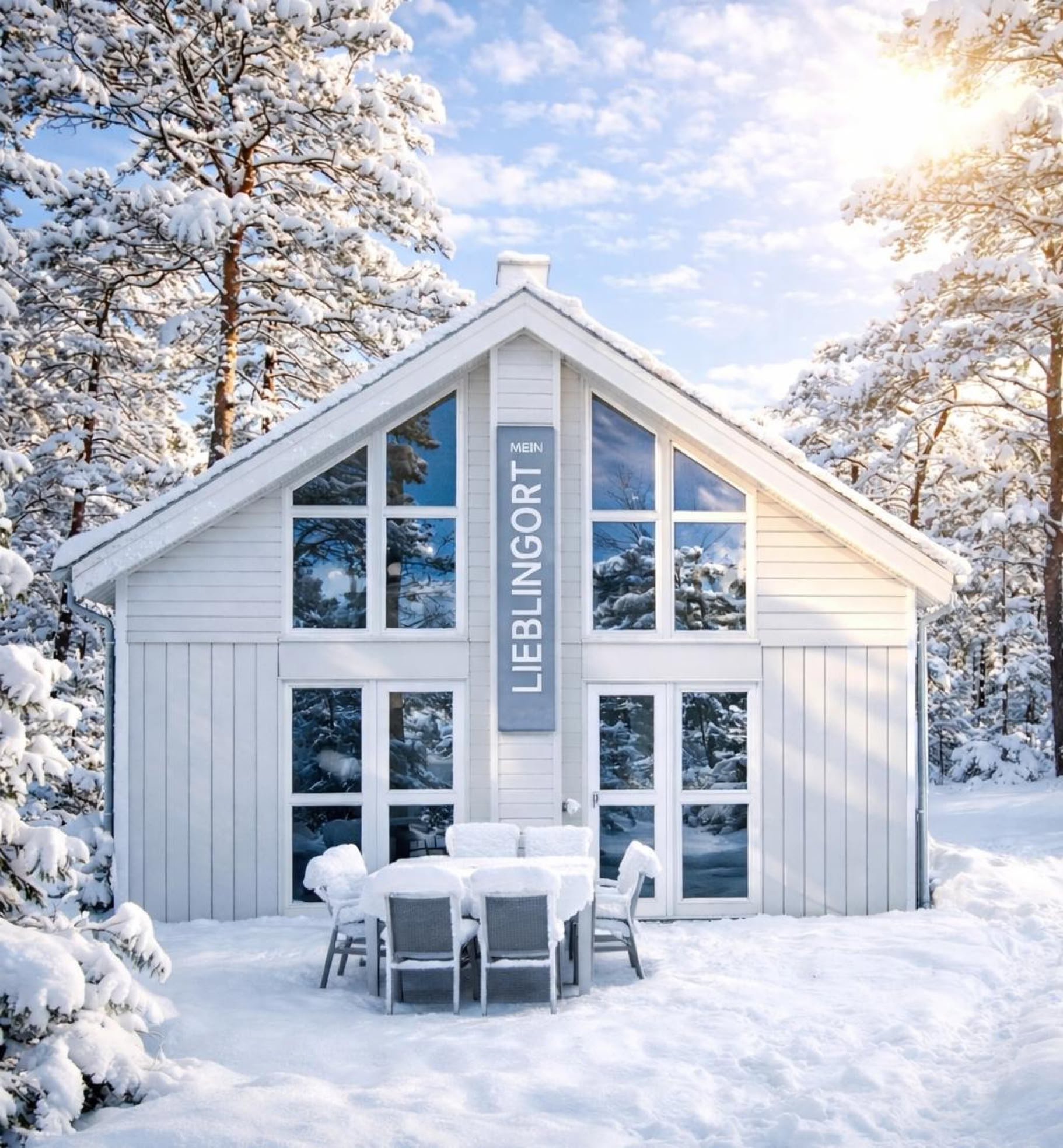 Ein weißes Haus mit großen Fenstern, umgeben von schneebedeckten Bäumen, mit einem Tisch und Stühlen im Vordergrund.