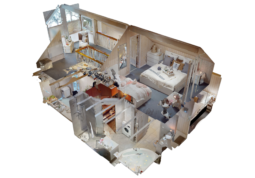 3D-Grundriss eines Hauses mit mehreren Räumen, darunter ein Wohnzimmer, ein Schlafzimmer, eine Küche und ein Badezimmer.