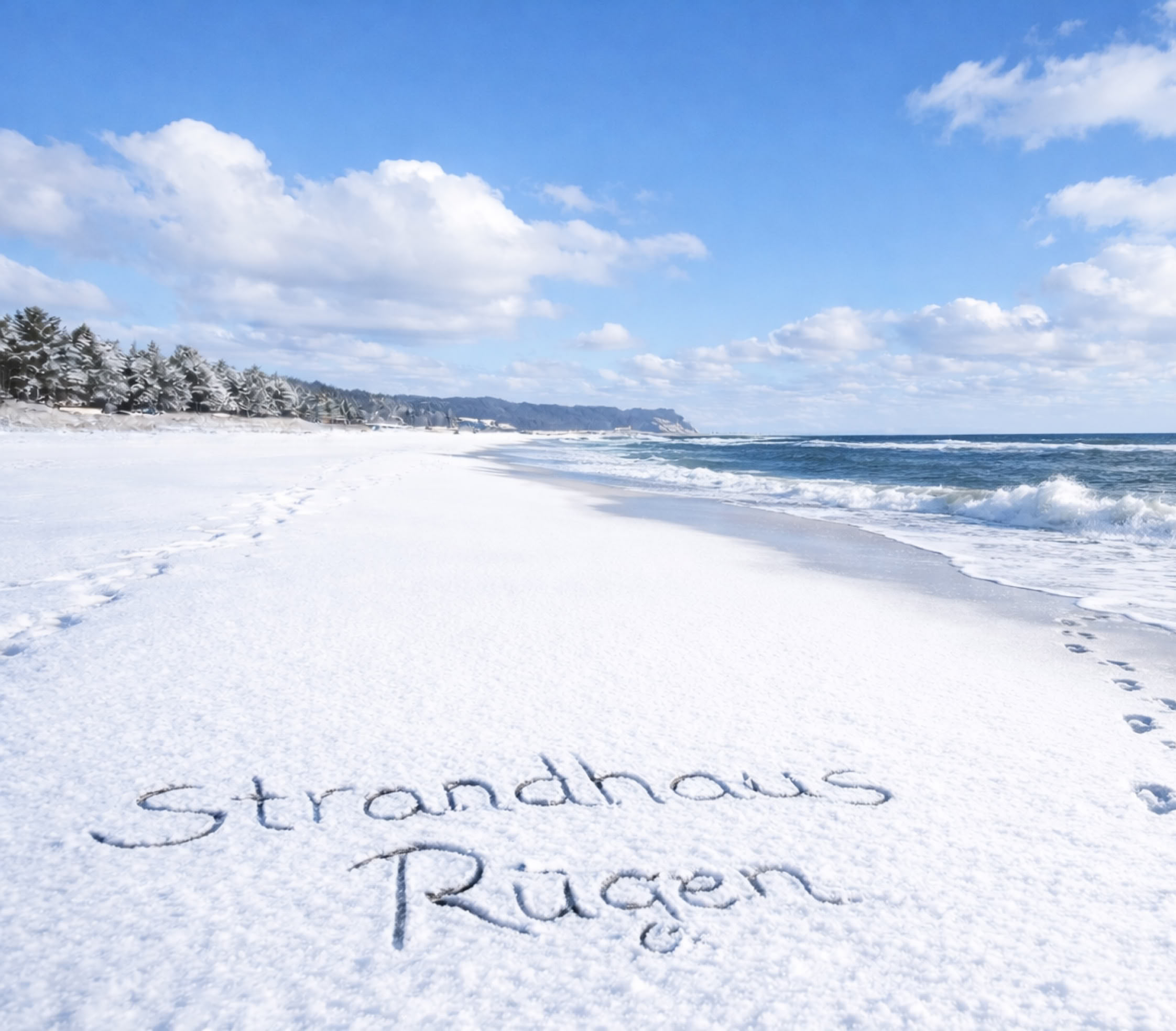 Verschneiter Strand mit Fußspuren und der Schriftzug "Strandhaus Rügen" im Schnee, Meer und blauer Himmel im Hintergrund.
