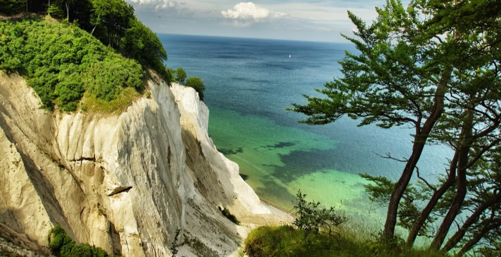 Kreidefelsen an der Küste mit grünem Wald oben, blauem Himmel und Meer im Hintergrund.