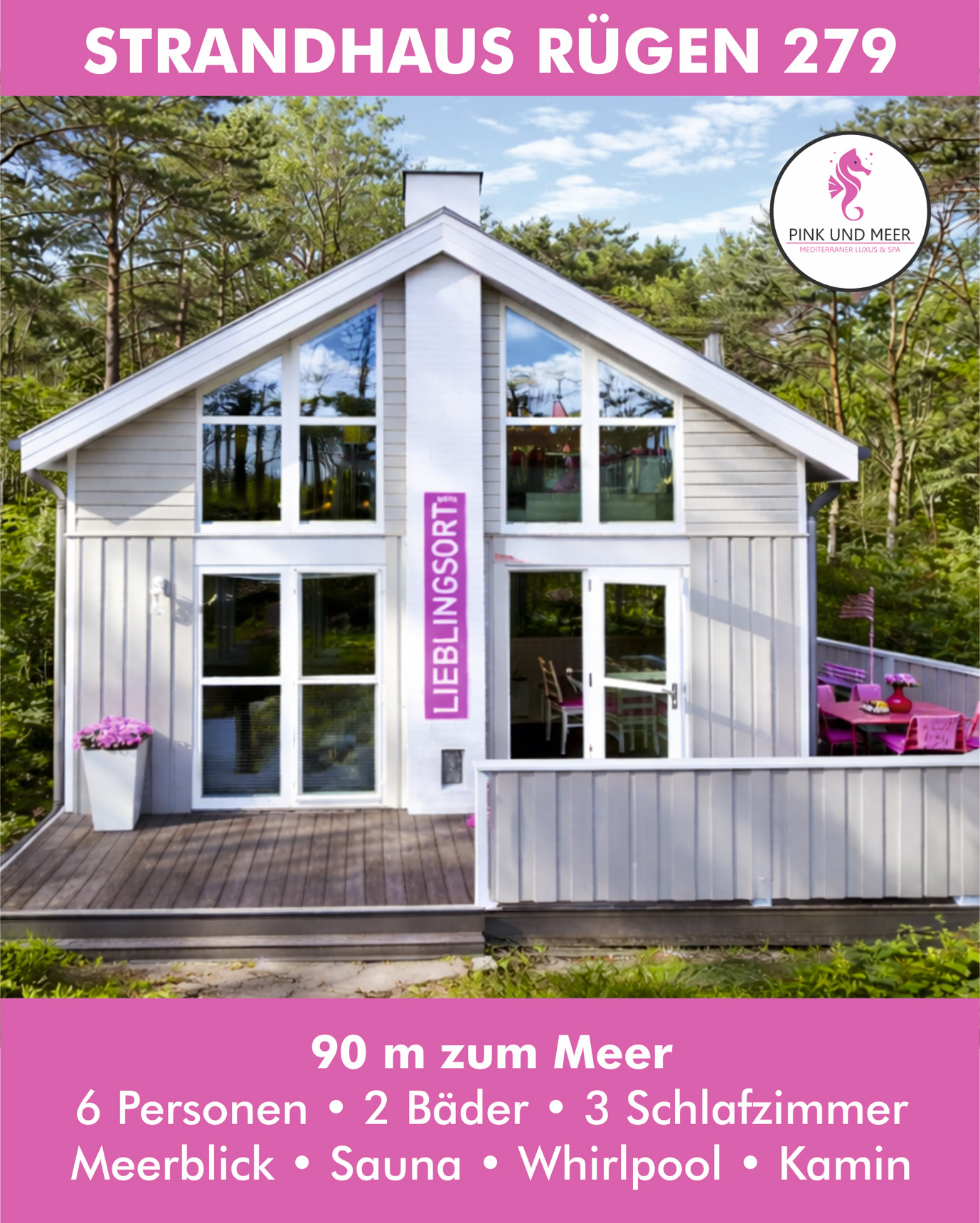 Ein modernes Strandhaus mit großen Fenstern, umgeben von Bäumen, mit Text über Unterkunftsdetails oben und unten im Bild.