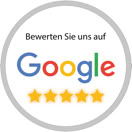 Ein Kreis mit dem Text "Bewerten Sie uns auf Google" und fünf gelben Sternen darunter.