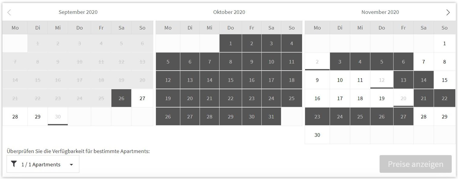 Ein Kalender mit hervorgehobenen Daten in dunklen Kästchen.